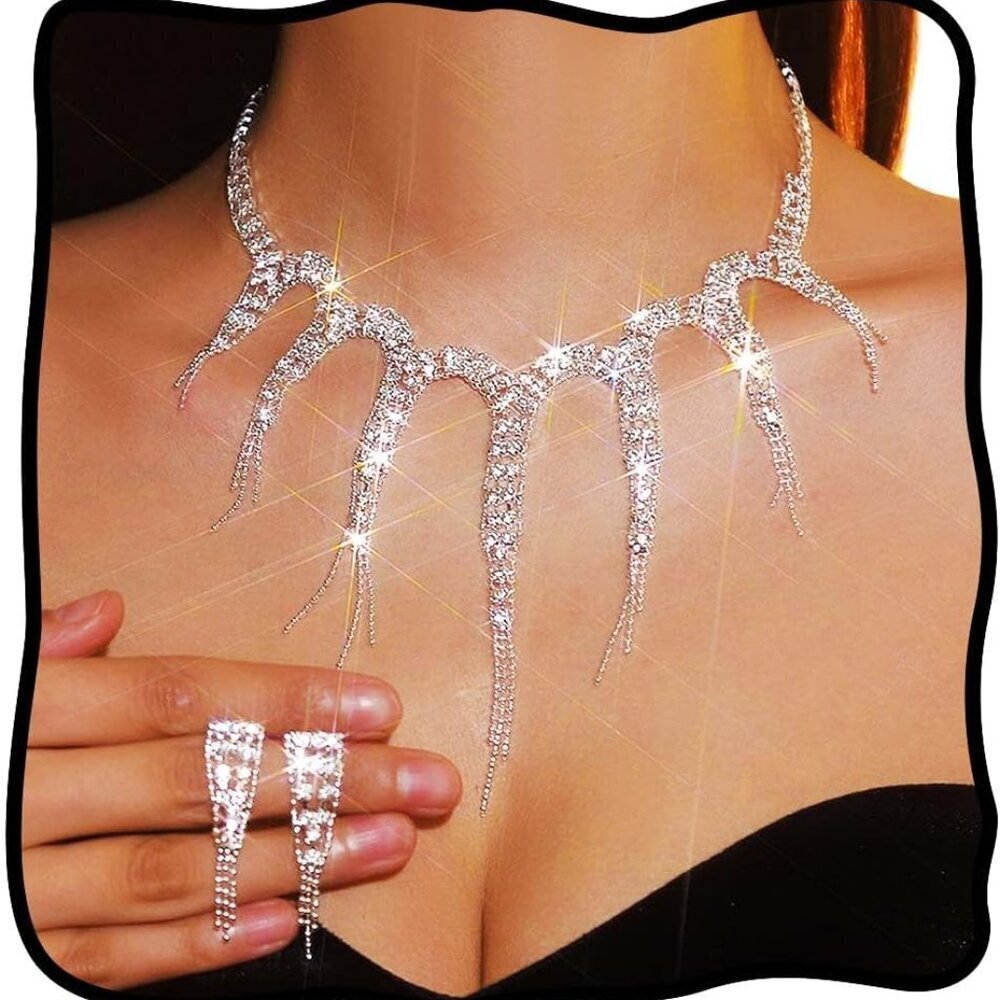 Silver Rhinestone Jewelry Set Necklace and Earrings for Women Glamorous
